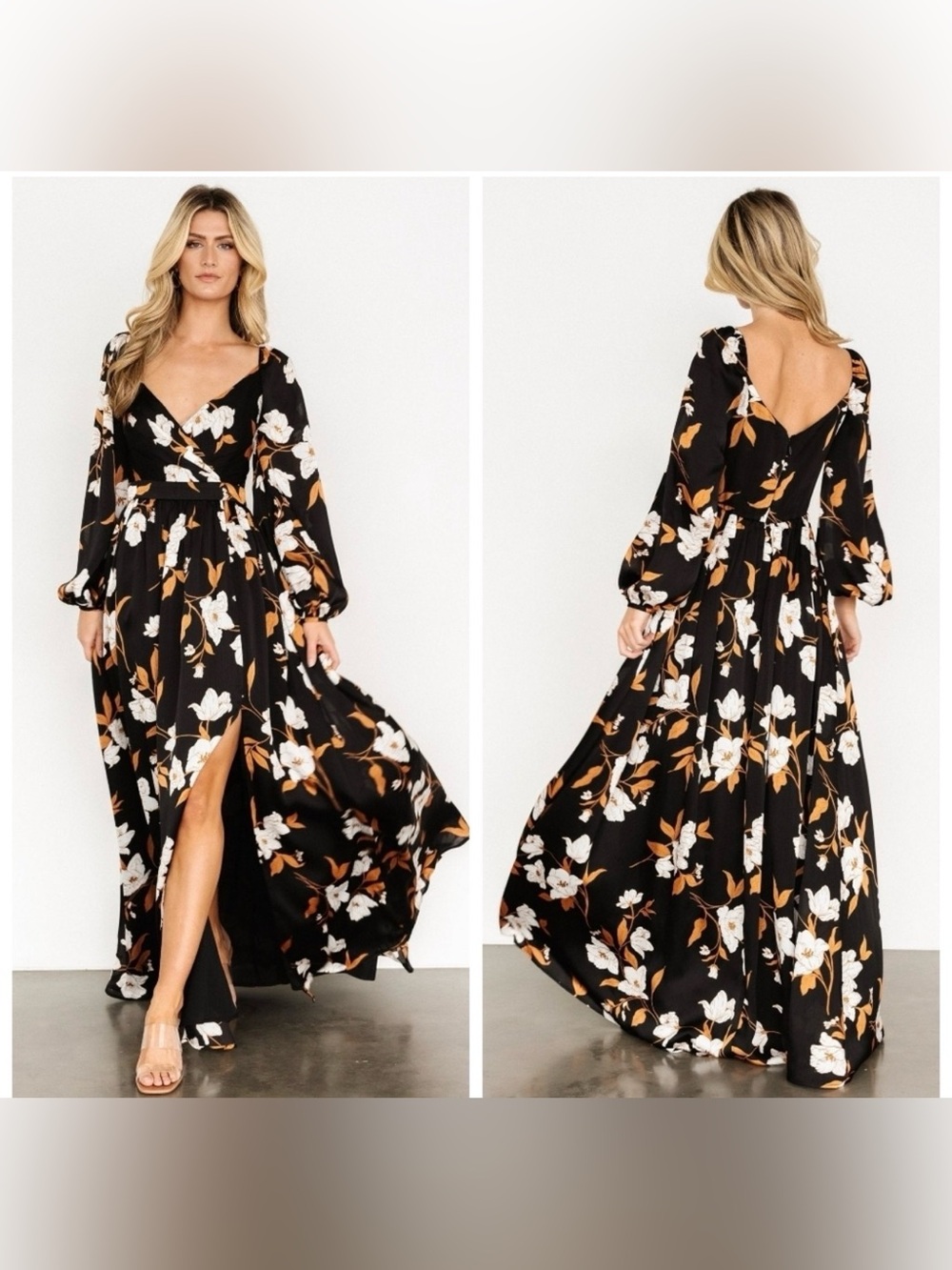 Baltic Born Black Floral Wrap Maxi Dress with Balloon Sleeves - Picture 2 of 5